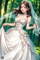 A woman in a wedding dress standing in the woods.