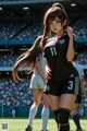 A group of women standing on top of a soccer field.