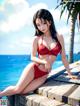 A woman in a red bikini sitting on a dock.