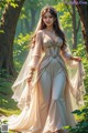 A woman in a wedding dress standing in the woods.